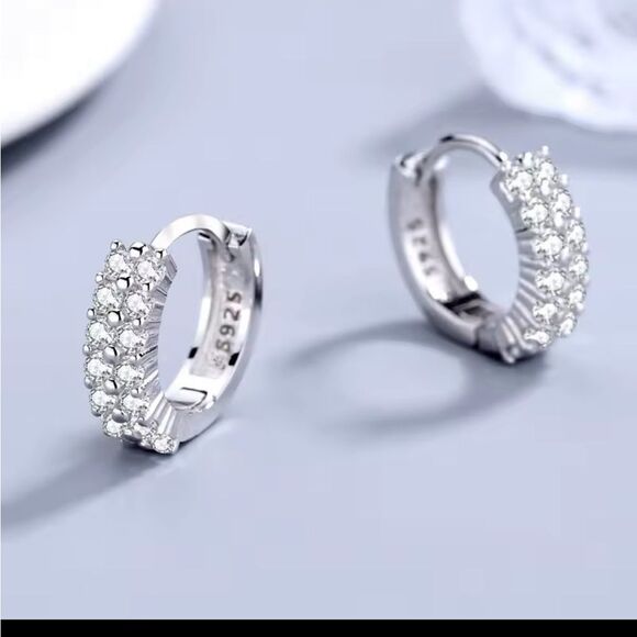 925 Sterling Silver Hoop Earrings with Double Row Cubic Zirconia Diamonds NEW - Picture 4 of 4